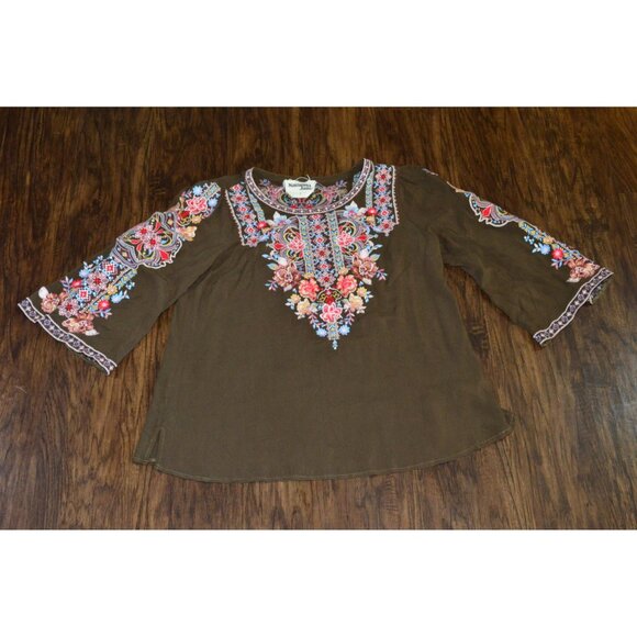 Savanna Jane Embroidered Tunic Brown Top Women's Size Large Floral Boho READ - Picture 1 of 7